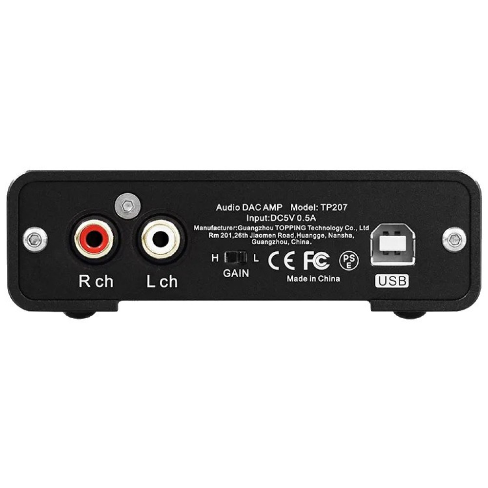Panel trasero de un amplificador DAC de audio negro con puertos RCA y USB, interruptor de ganancia y texto.