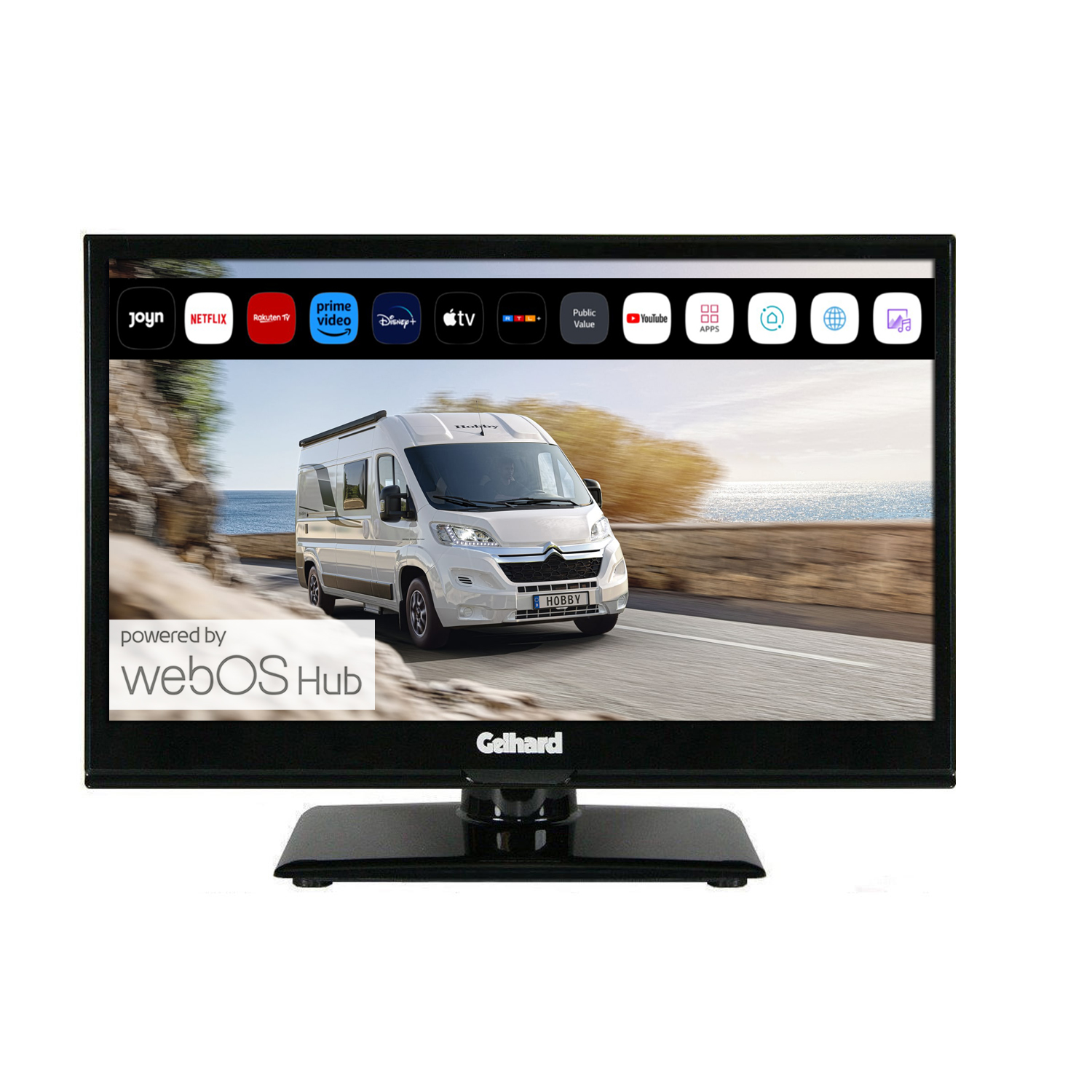 Ein schwarzer Gelhard Fernseher zeigt die webOS Hub Oberfläche mit einer Wohnmobil-Szene auf einem Küstenweg.