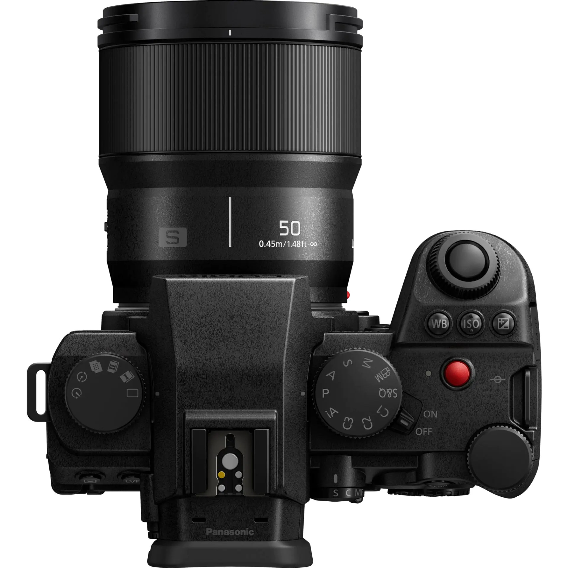 Widok z góry na czarny bezlusterkowiec Panasonic z obiektywem 50 mm, pokrętłami i czerwonym przyciskiem.