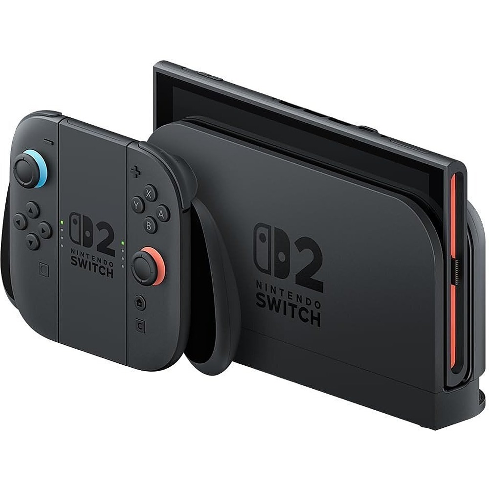 Czarna konsola Nintendo Switch 2 w stacji dokującej z odłączanymi kontrolerami Joy-Con.