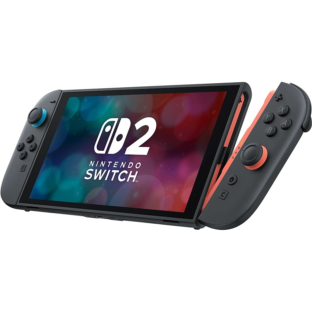 Czarna konsola Nintendo Switch 2 z odłączonym kontrolerem Joy-Con na białym tle.
