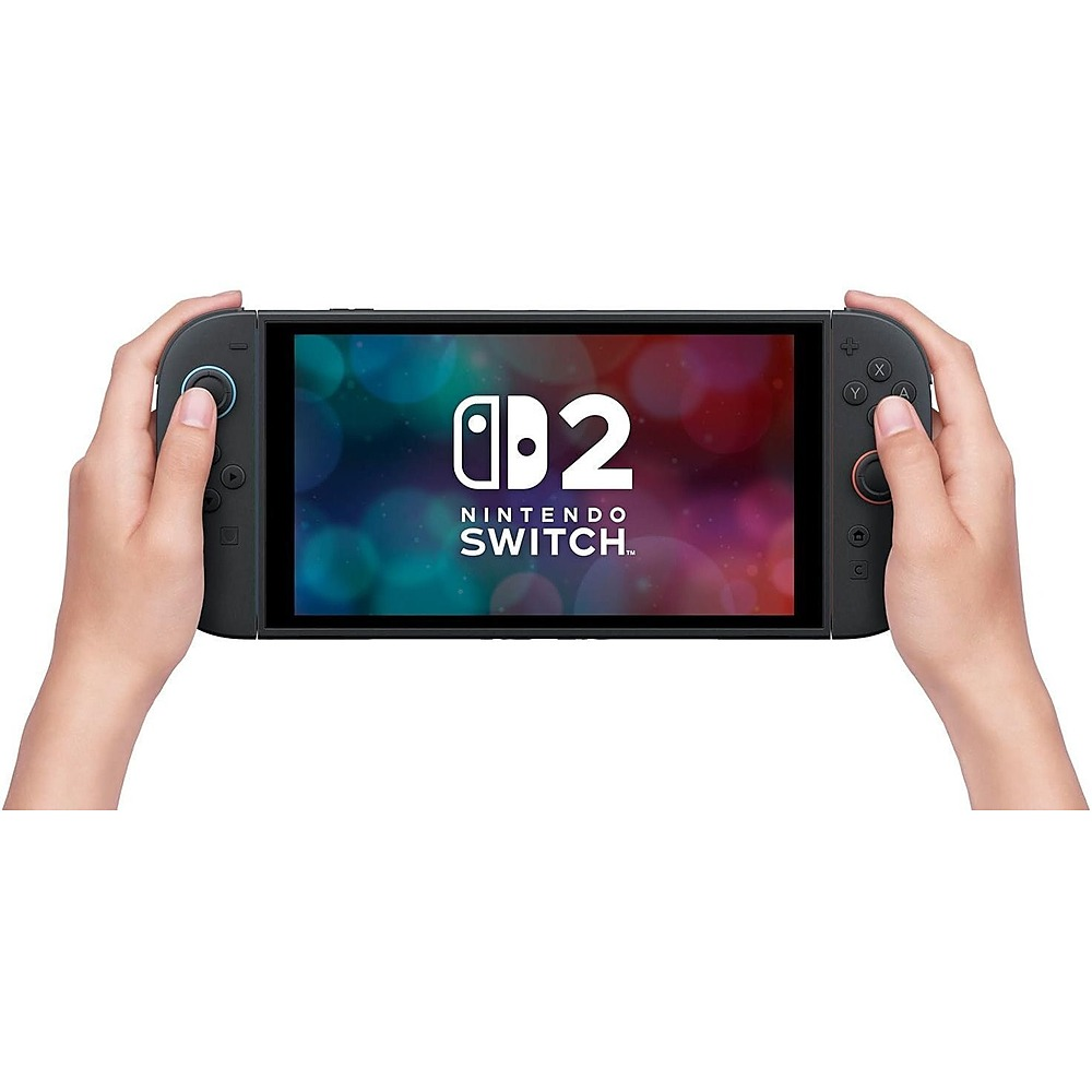 Ręce trzymające konsolę Nintendo Switch z kolorowym ekranem i logo.