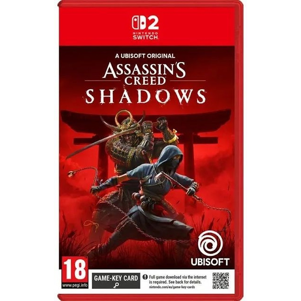 Okładka gry Assassin's Creed Shadows na Nintendo Switch 2 z samurajem i ninją w czerwonej scenerii.
