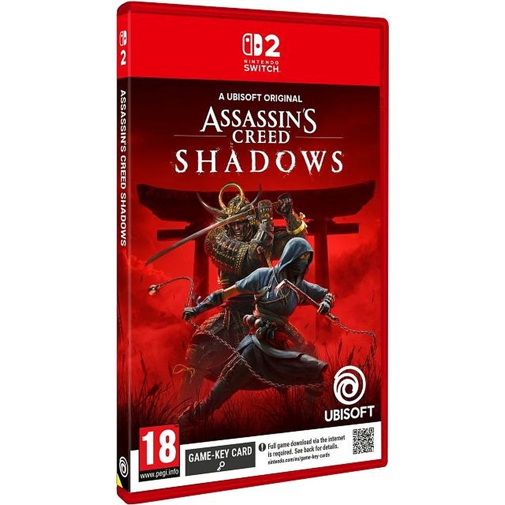 Pudełko gry Assassin's Creed Shadows z samurajem i ninją na czerwonym tle.