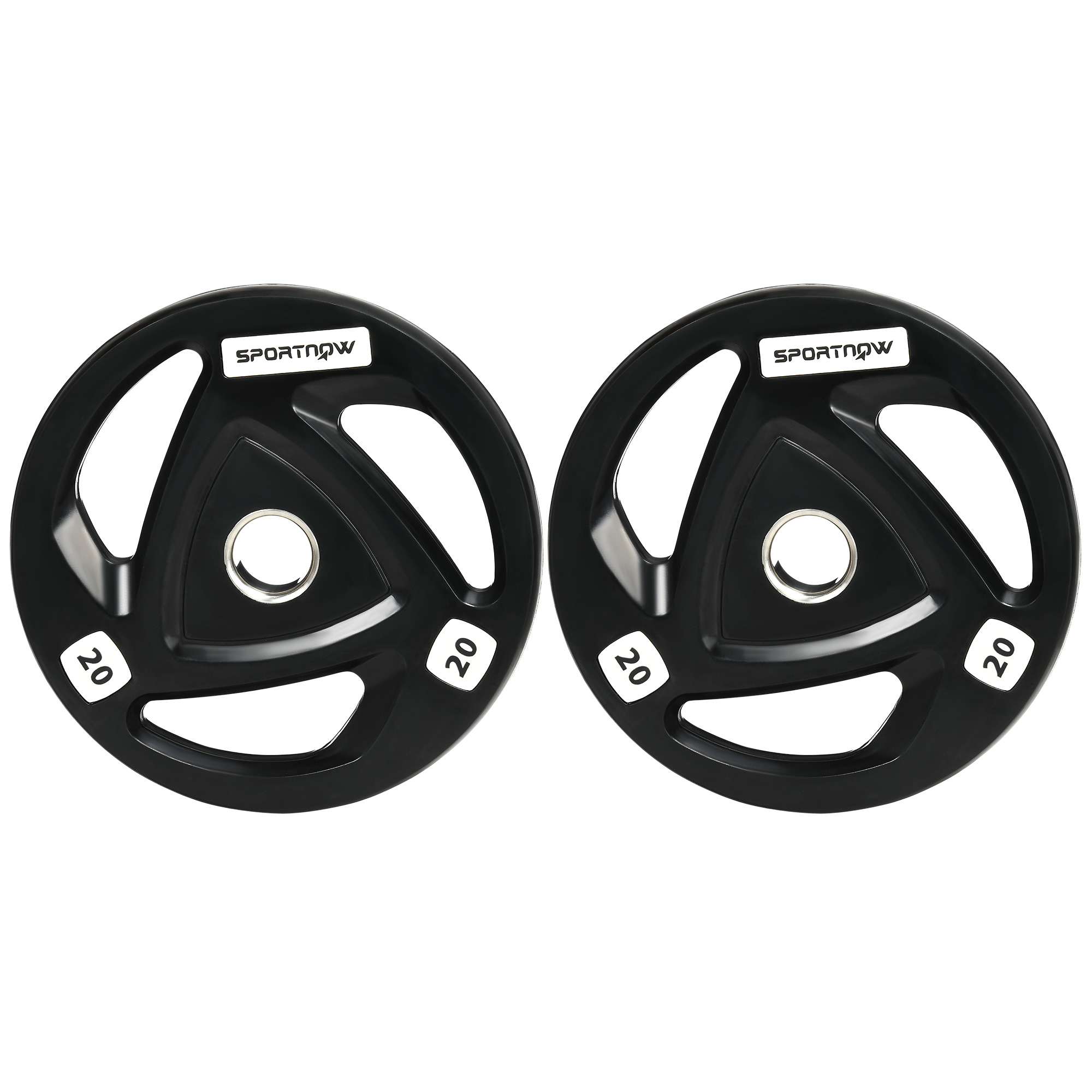 Due dischi per bilanciere neri da 20 kg con tre fori e logo Sportnow.