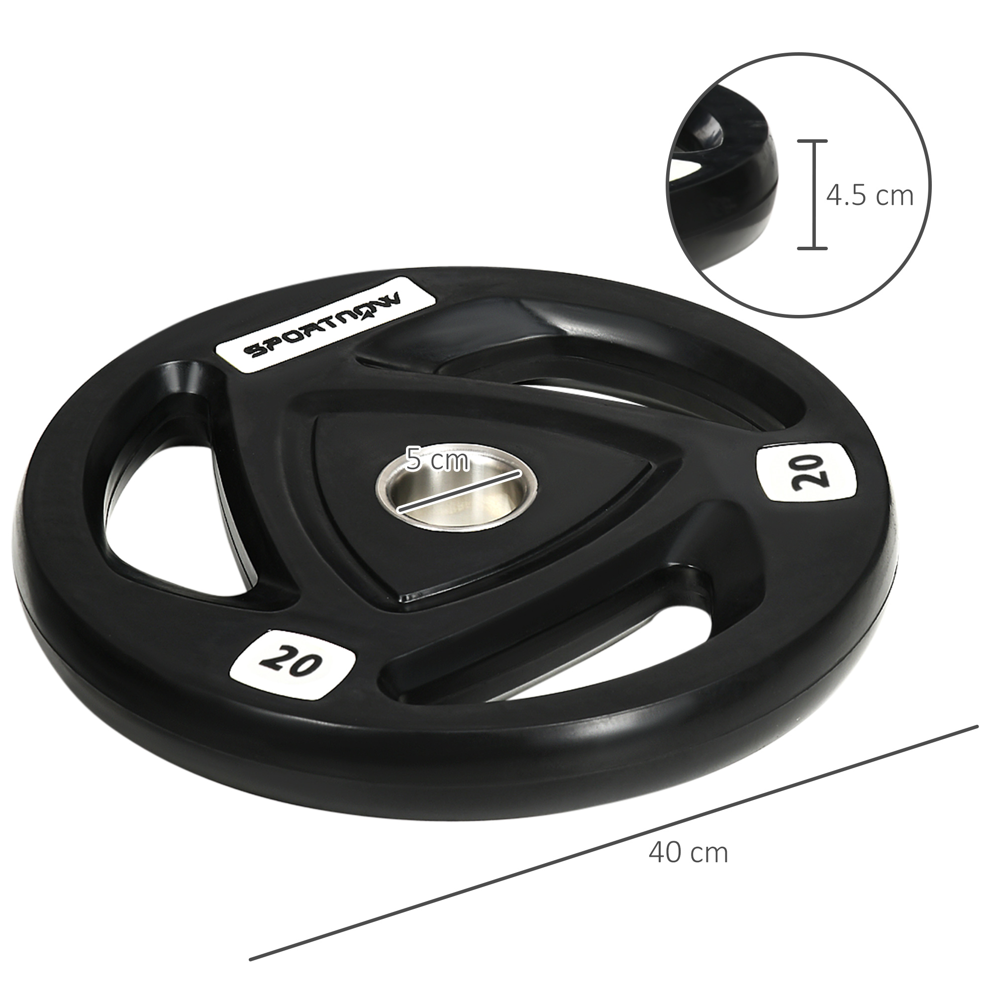 Disco da bilanciere nero da 20 kg con tre maniglie e indicazioni di diametro e spessore.