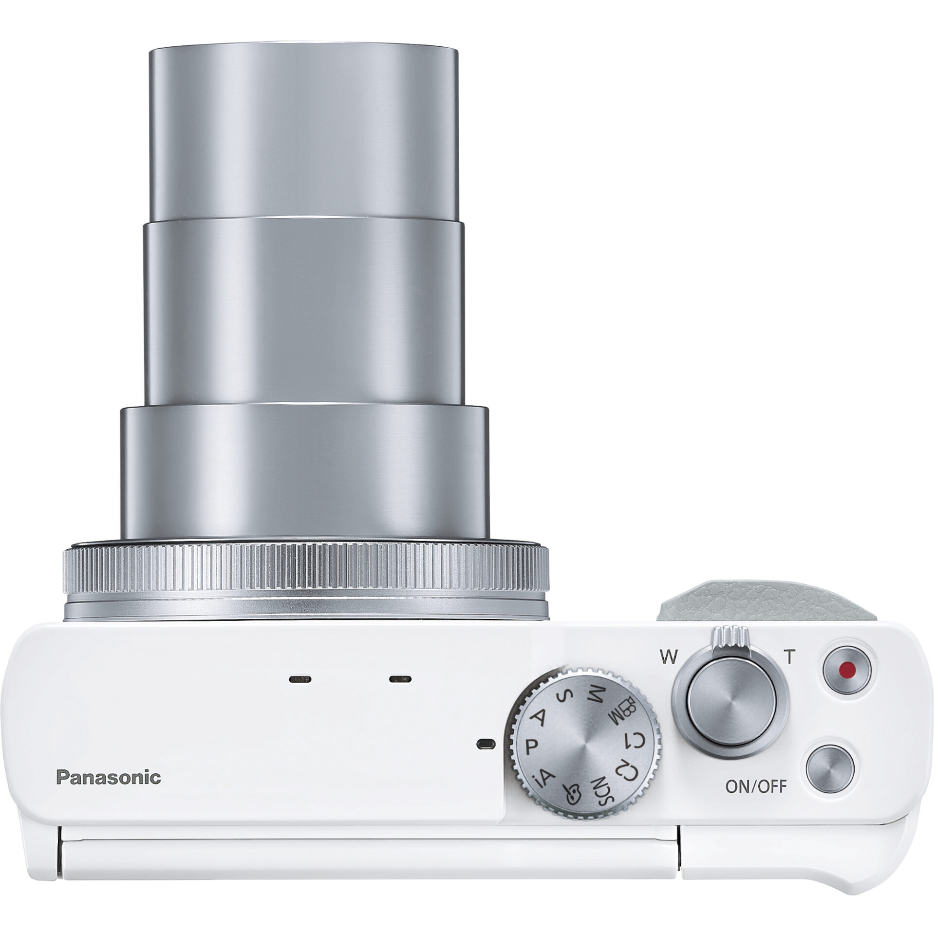 Widok z góry białego aparatu kompaktowego Panasonic z wysuniętym srebrnym obiektywem i przyciskami.