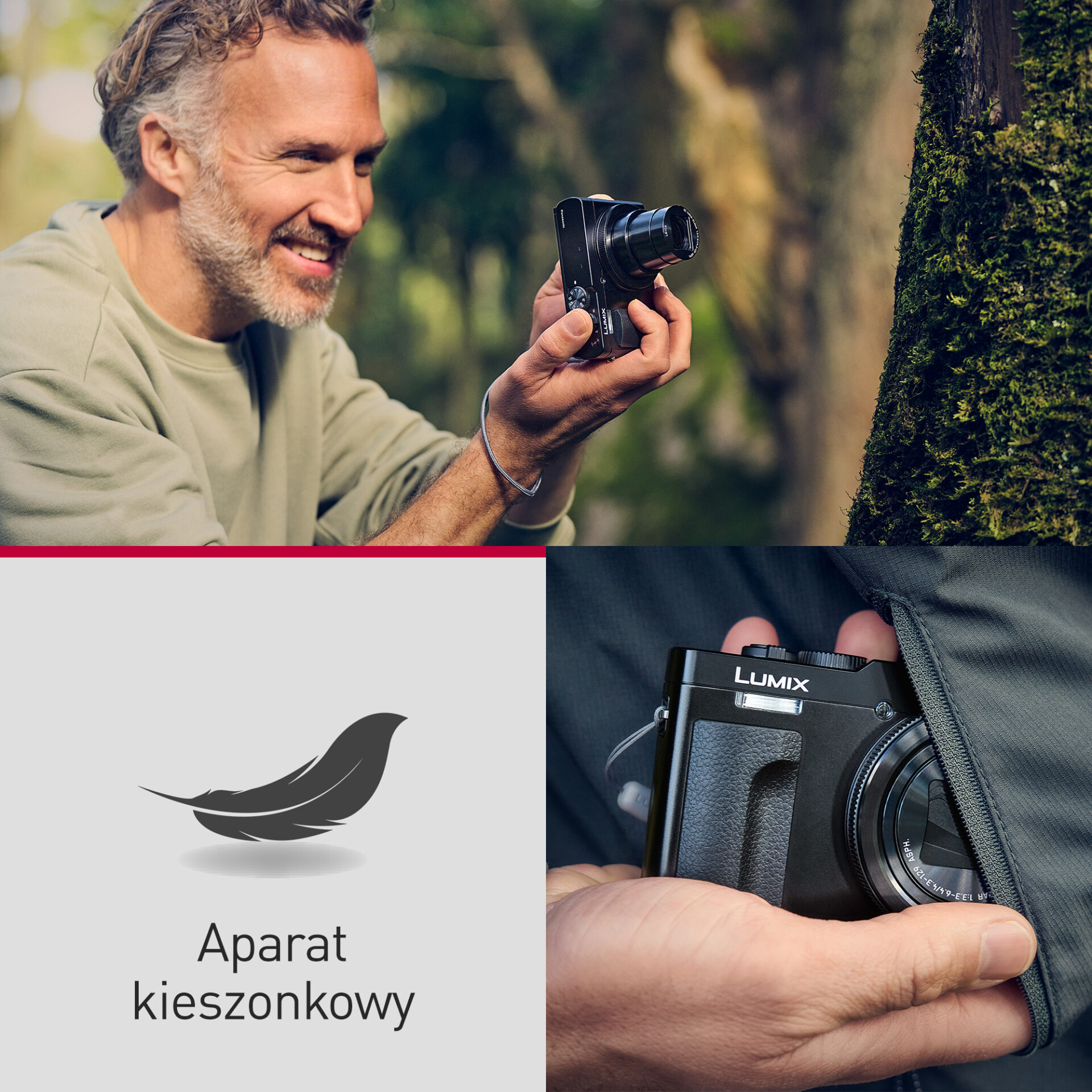 Mężczyzna robi zdjęcia w lesie czarnym aparatem kompaktowym Lumix, który mieści się w kieszeni.