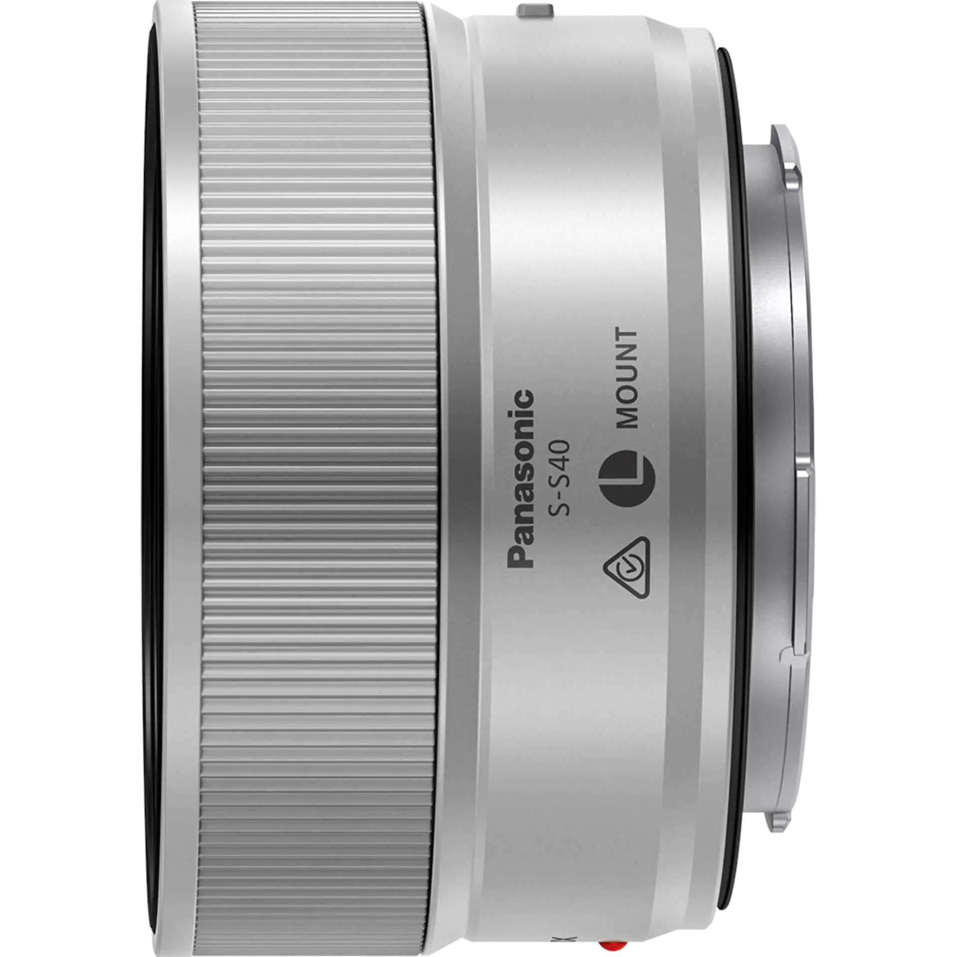 Srebrny obiektyw Panasonic S-S40 z mocowaniem L z boku, z żebrowanym pierścieniem ostrości i metalowym bagnetem.