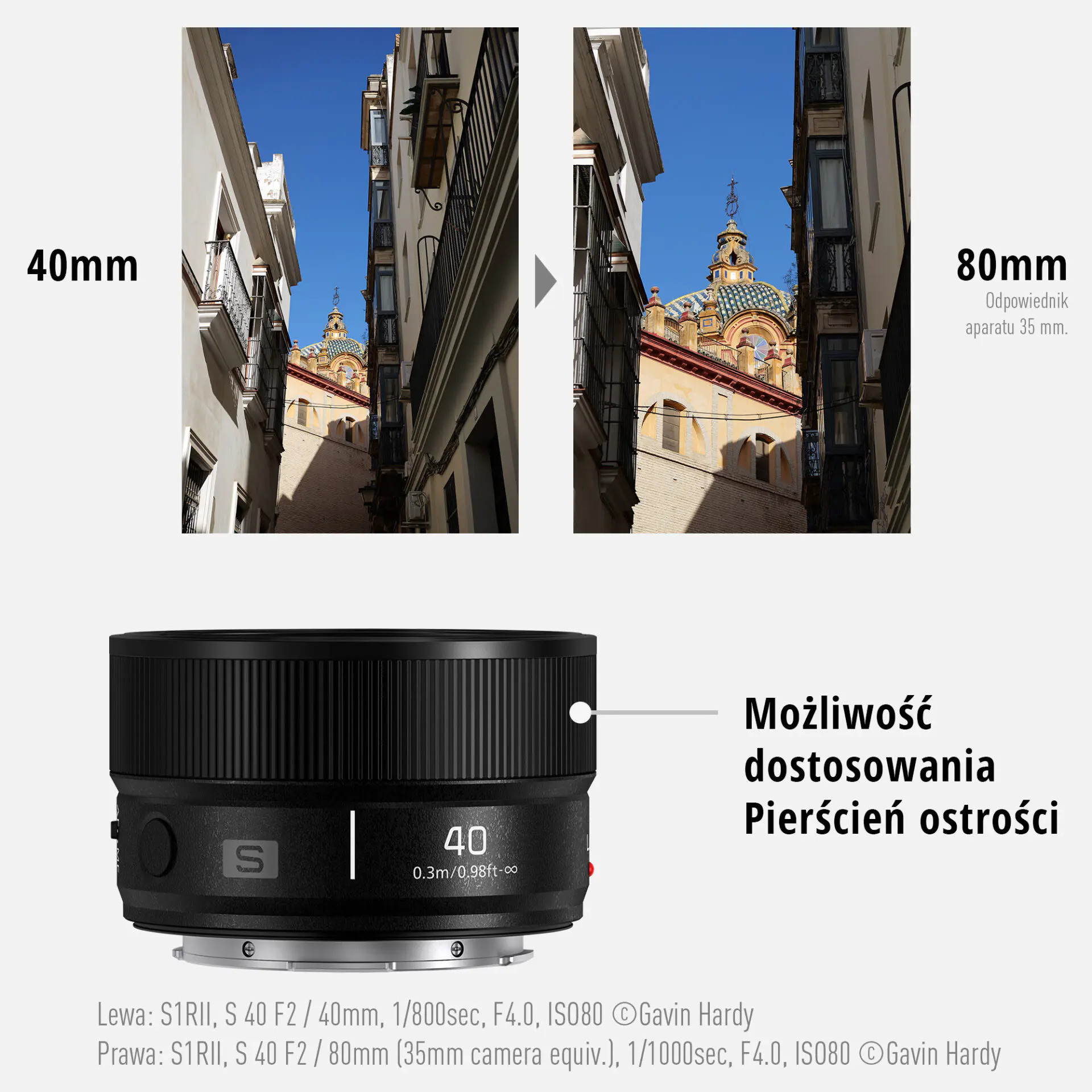Porównanie ogniskowych 40 mm i 80 mm na obiektywie aparatu ze sceną uliczną i tekstem.