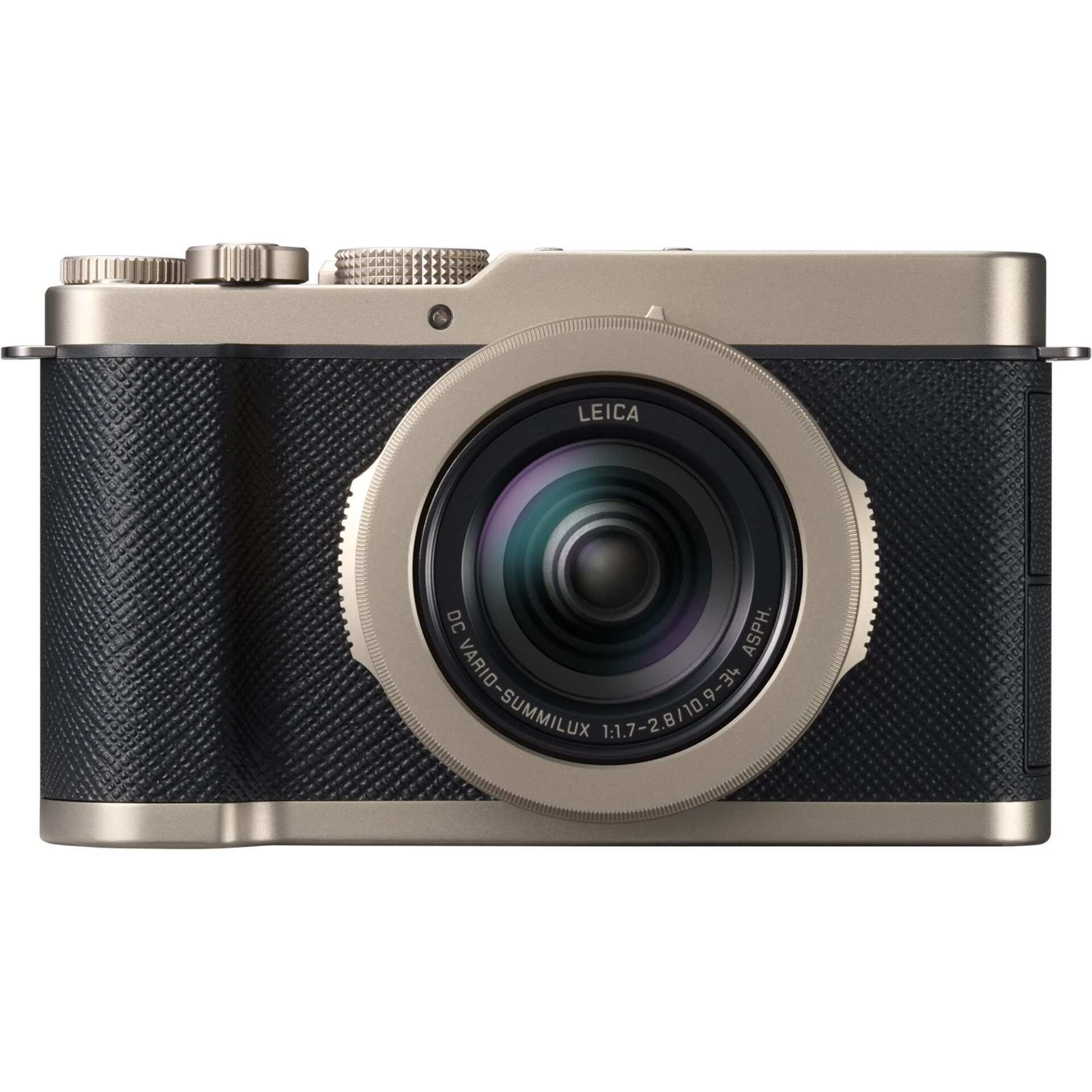 Kompaktowy czarno-złoty aparat Leica z wyśrodkowanym obiektywem i pokrętłami sterującymi u góry.