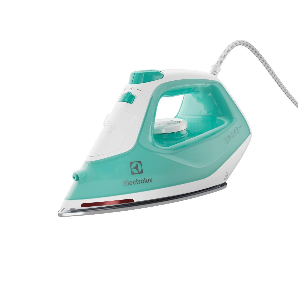 Un ferro da stiro Electrolux bianco e turchese con cavo bianco su fondo bianco.