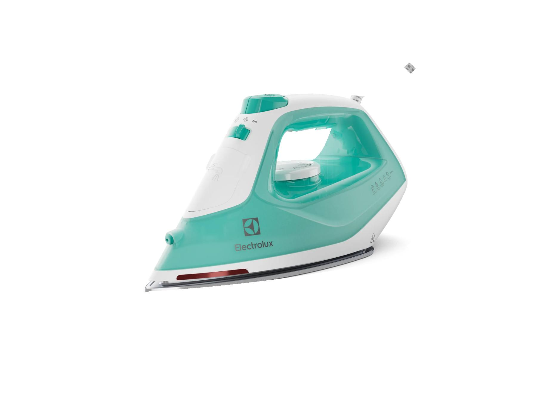Un ferro da stiro a vapore Electrolux bianco e verde menta su sfondo bianco.
