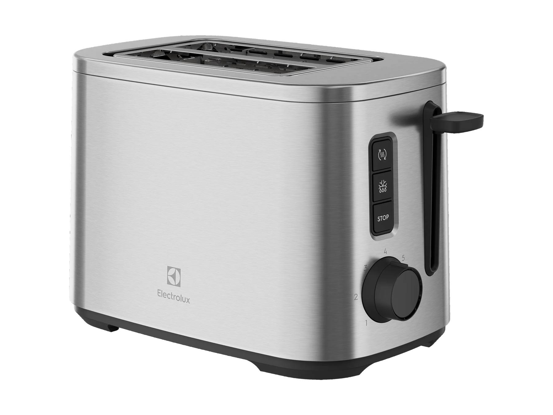 Un tostapane Electrolux in acciaio inossidabile argentato su sfondo bianco con pulsanti di controllo neri.