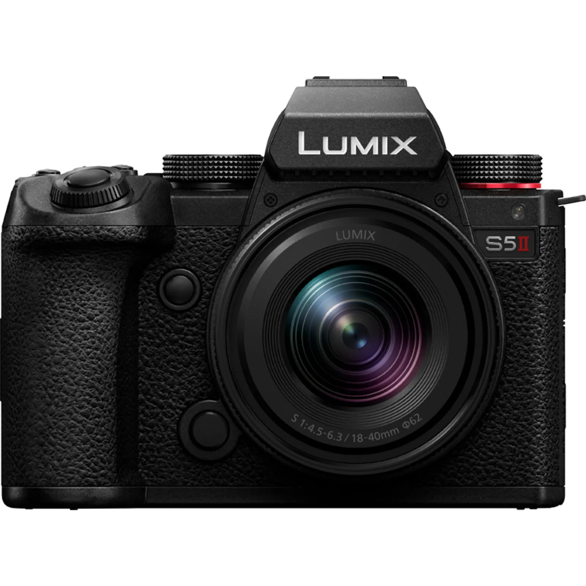 Widok z przodu czarnego bezlusterkowca Panasonic Lumix S5II z zamontowanym obiektywem na białym tle.