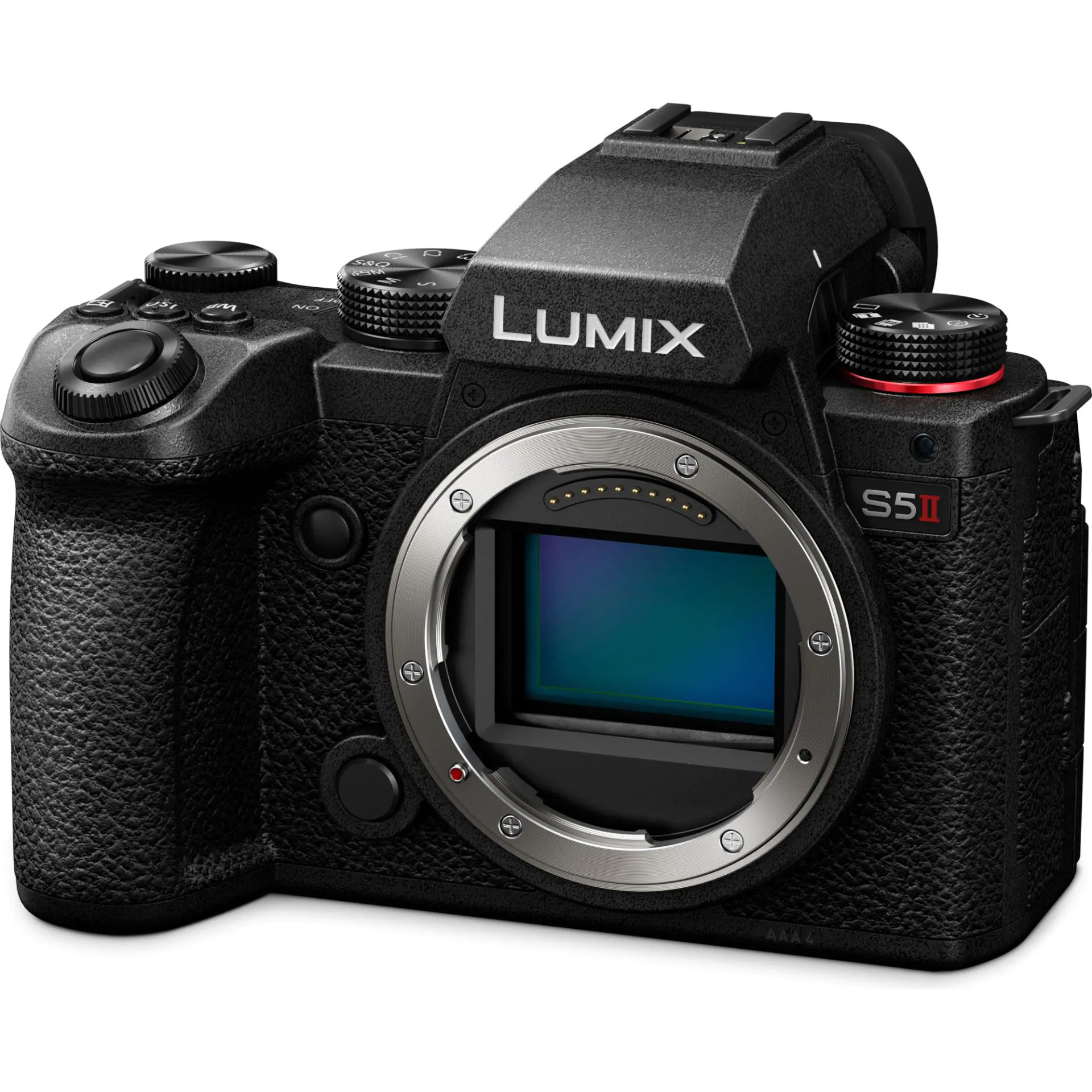 Czarny bezlusterkowy korpus aparatu Panasonic Lumix S5II pokazany od przodu na białym tle.