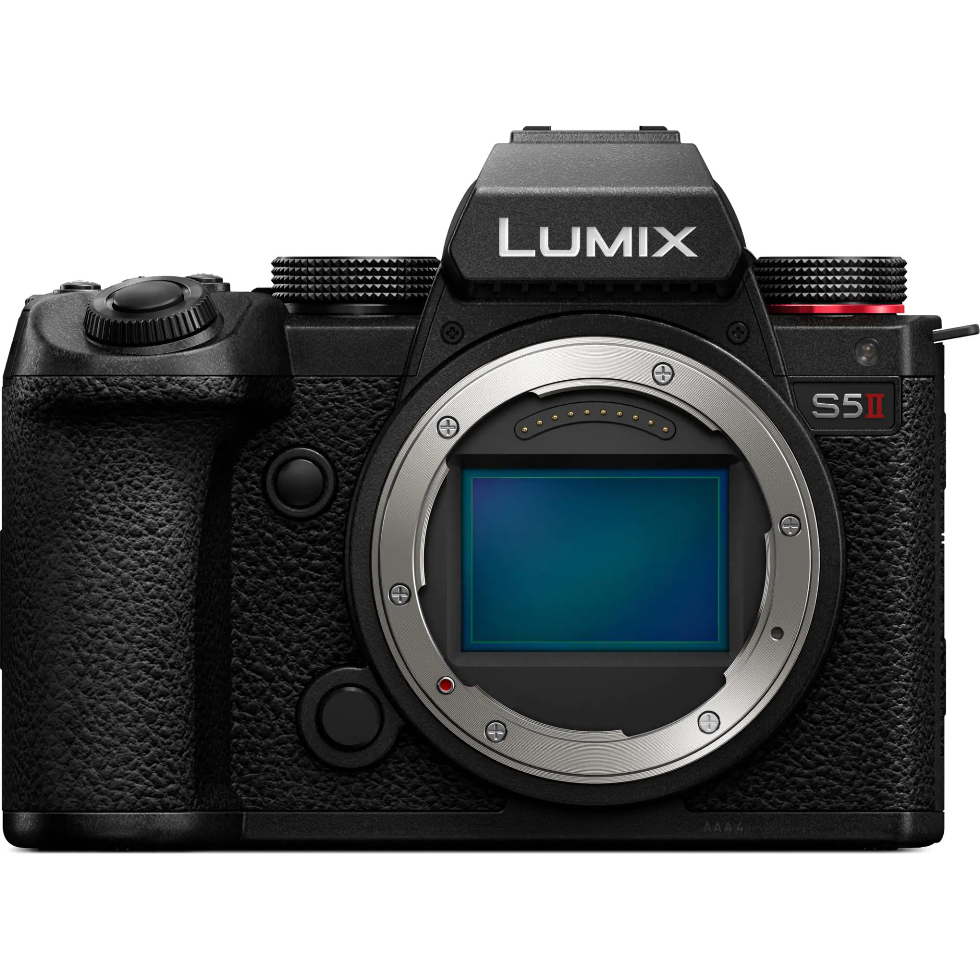 Czarny bezlusterkowiec Lumix S5II z przodu z odsłoniętym mocowaniem obiektywu na białym tle.