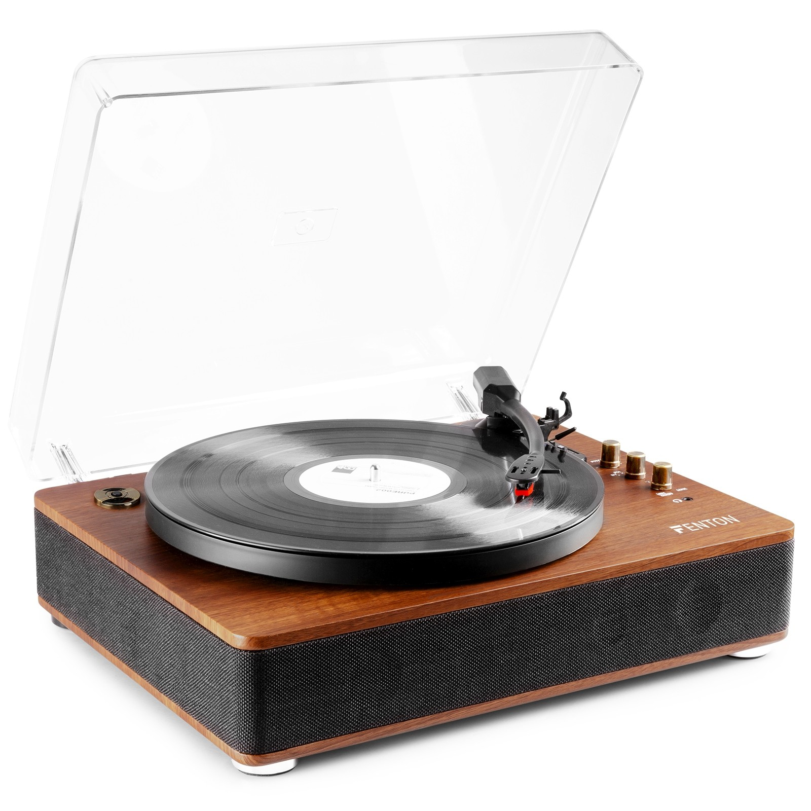 Un plato de vinilo de madera con vinilo negro y cubierta transparente abierta sobre fondo blanco.