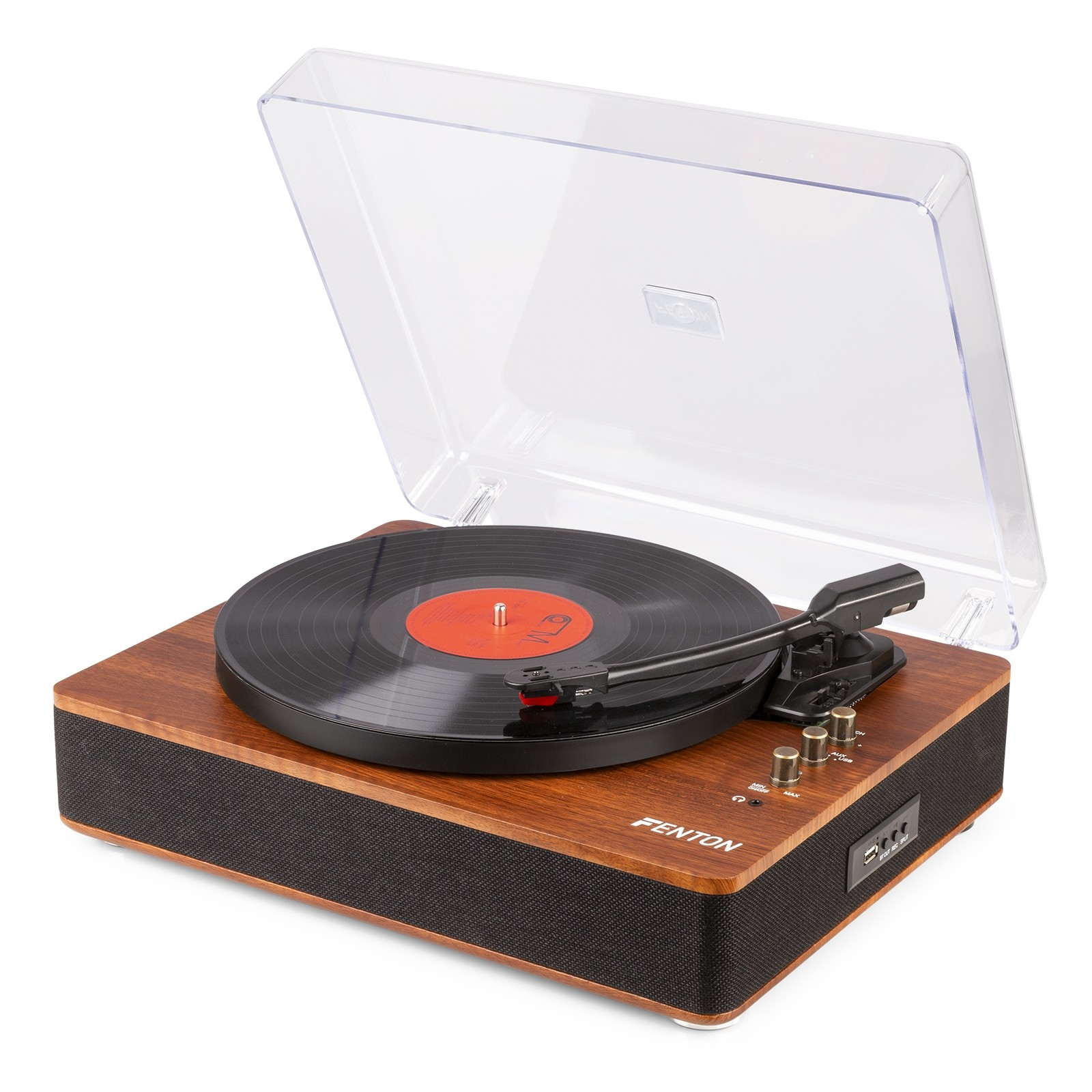 Un tocadiscos de madera Fenton con un disco de vinilo negro y cubierta antipolvo transparente en fondo blanco.