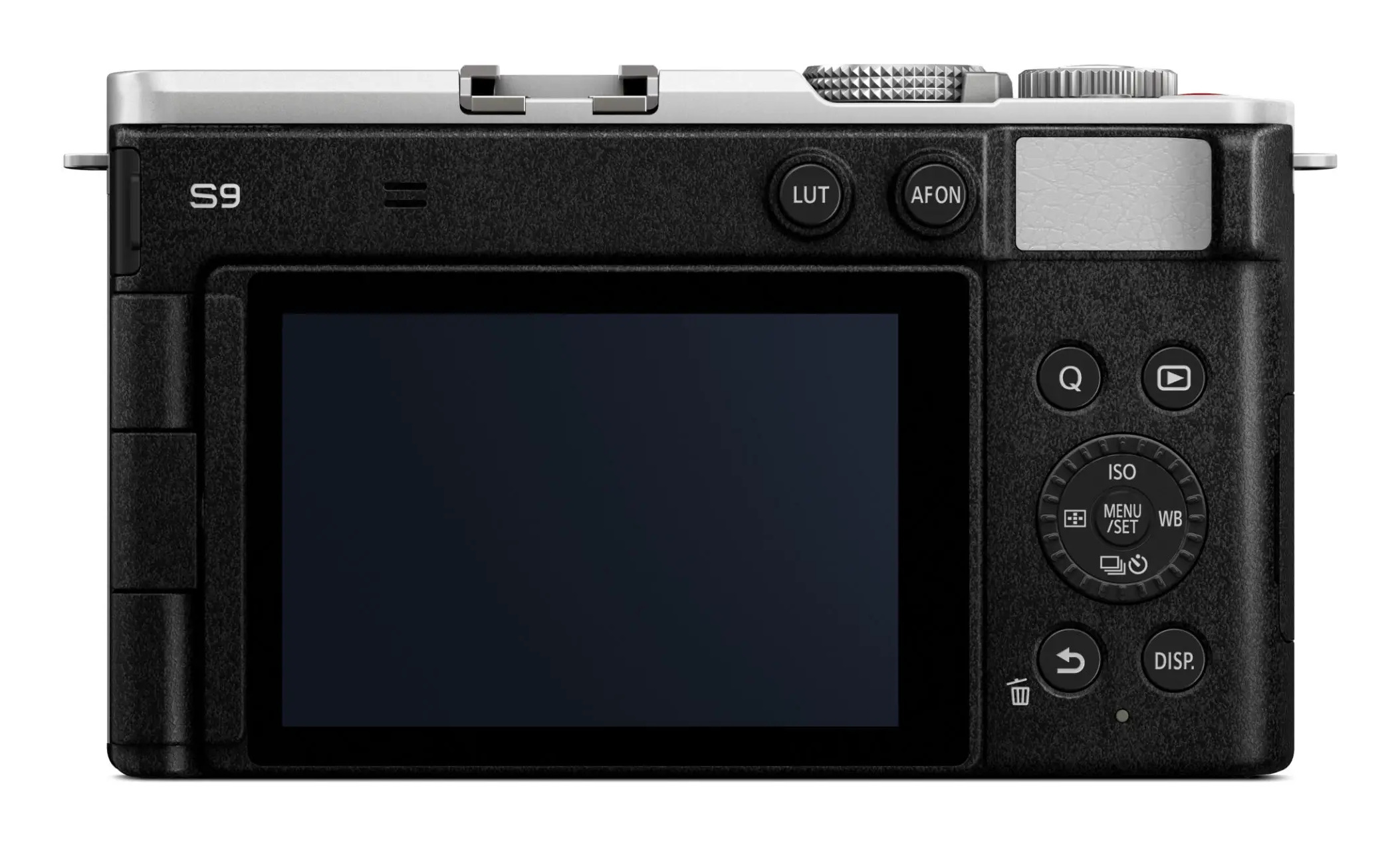 Widok z tyłu czarnego aparatu cyfrowego Lumix S9 z ekranem i przyciskami.