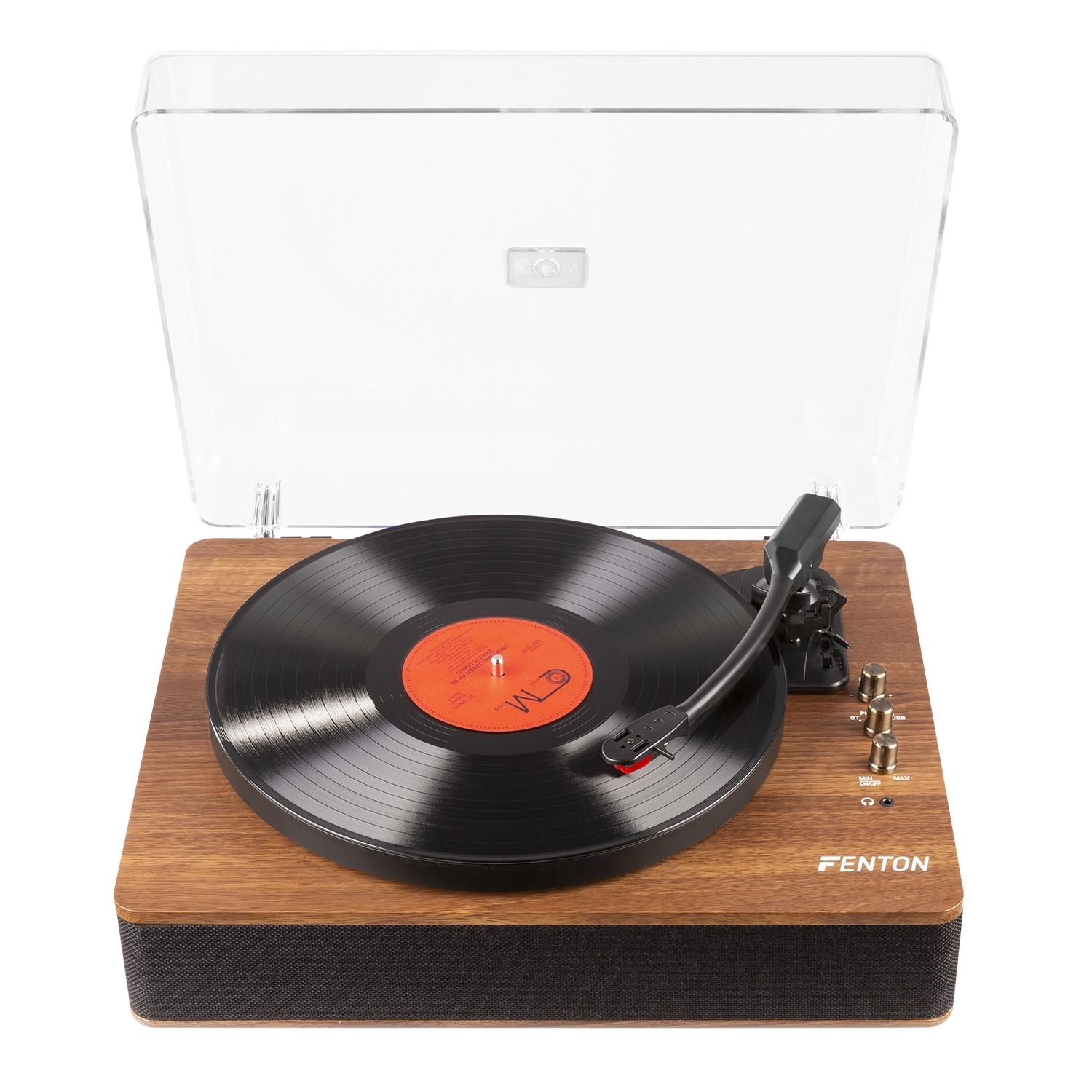 Tocadiscos de madera con vinilo negro y cubierta transparente abierta sobre fondo blanco.