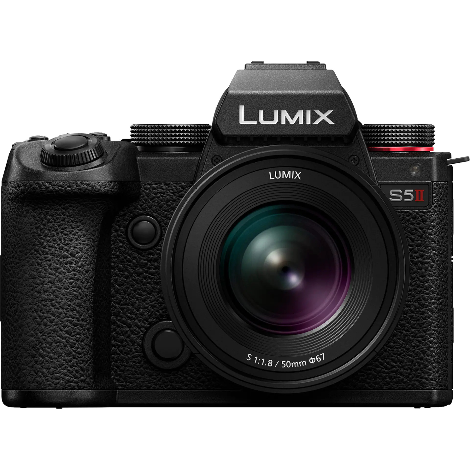 Czarny bezlusterkowiec Panasonic Lumix S5II z przymocowanym obiektywem 50 mm.