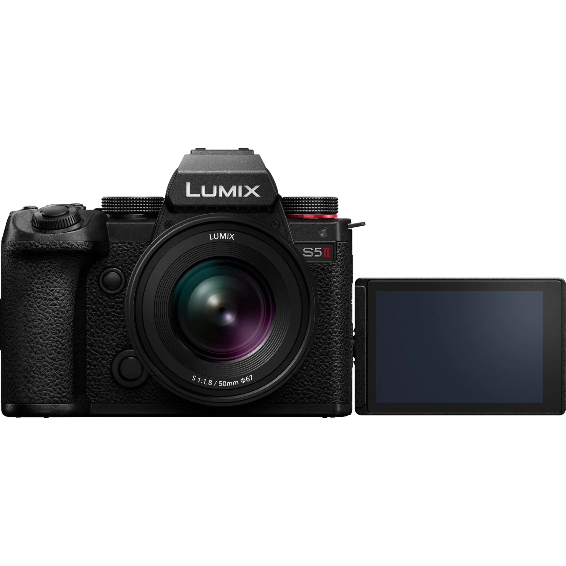 Czarny bezlusterkowiec Lumix S5II z obiektywem 50 mm i odchylanym ekranem na białym tle.