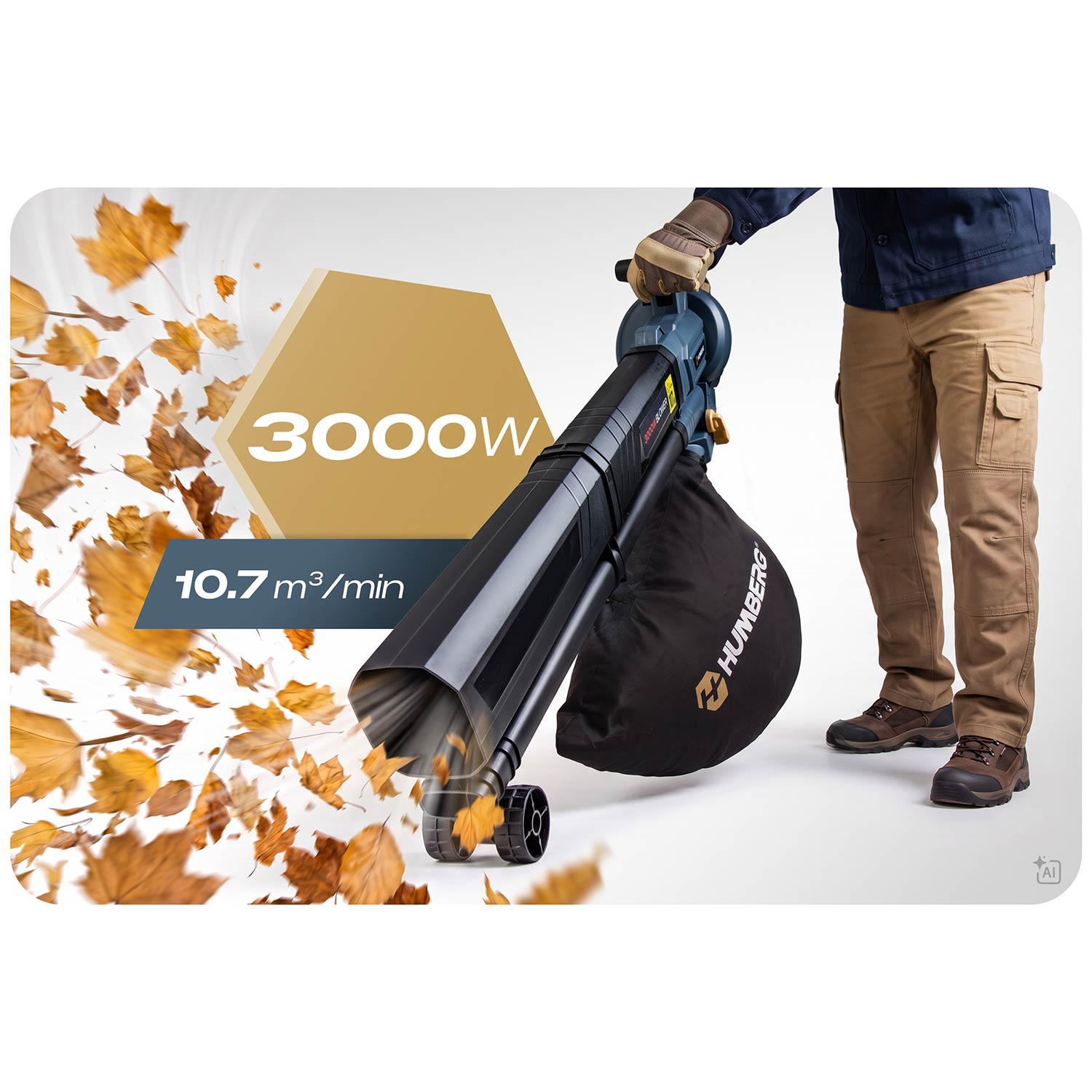 Osoba trzyma dmuchawę do liści 3000W, zdmuchując opadłe jesienne liście.