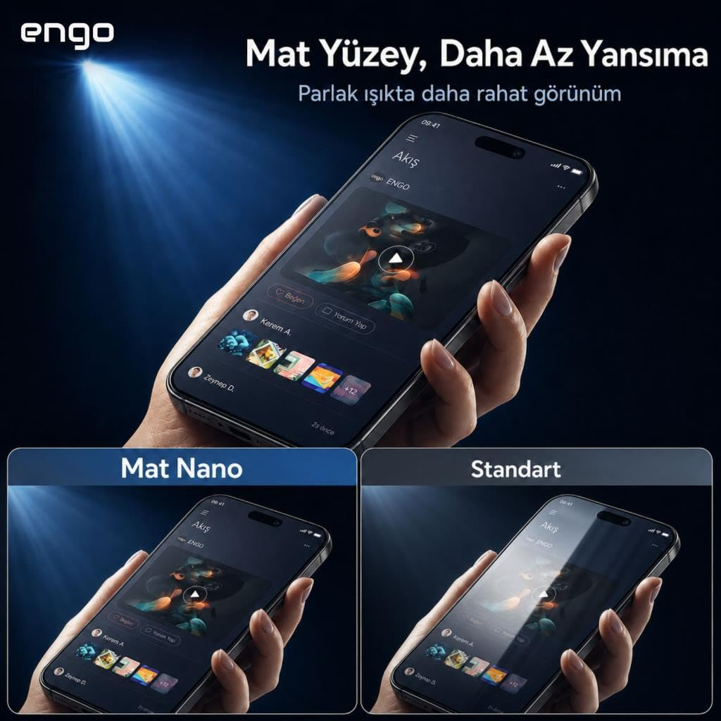 Mat nano teknolojili akıllı telefon ekranının standart ekrana göre daha az yansıma yaptığını gösteren kıyaslama.