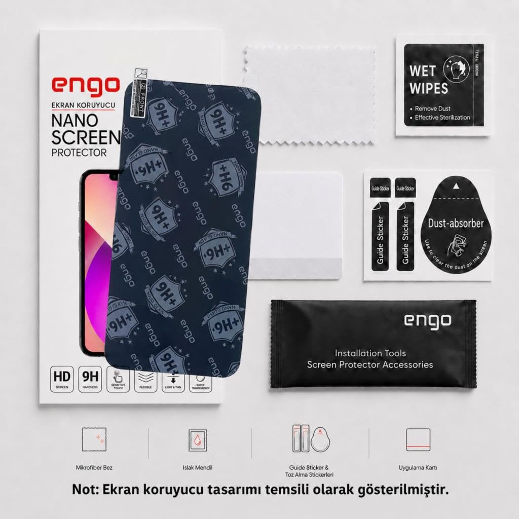 Ambalaj, ıslak mendil ve toz alıcı içeren ekran koruyucu seti.
