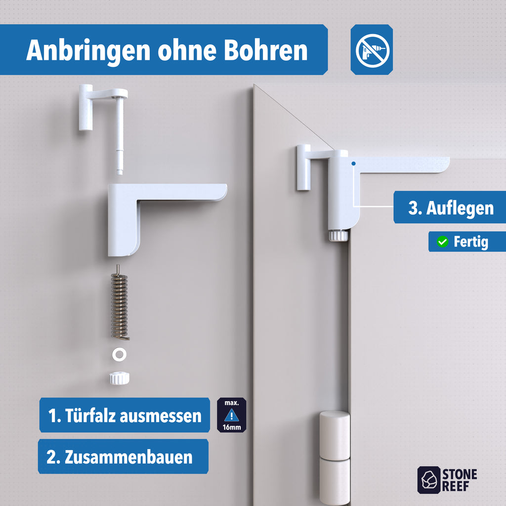 Anleitung zur Montage eines weißen Türhalters ohne Bohren mit drei Schritten.