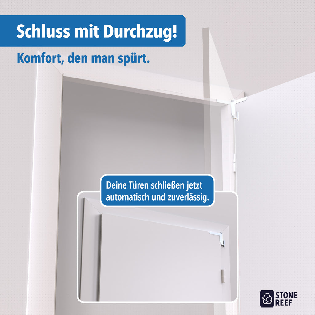 Eine weiße Tür mit einem automatischen Schließmechanismus oben an der Ecke und Textoverlay in Blau.