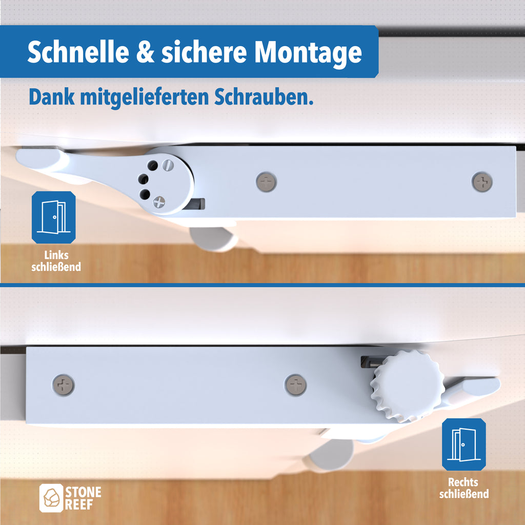 Zwei weiße Türstopper mit Schrauben für linke und rechte Ausrichtung.