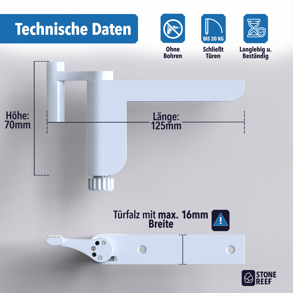 Technische Daten eines weißen Türstoppers mit Maßen, Symbolen und Installationshinweisen.