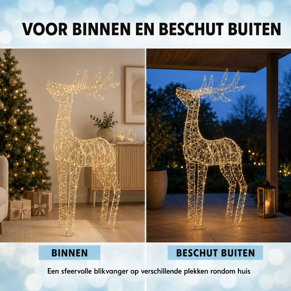 Beleuchtete Rentier-Figur für drinnen und überdachte Bereiche draußen.