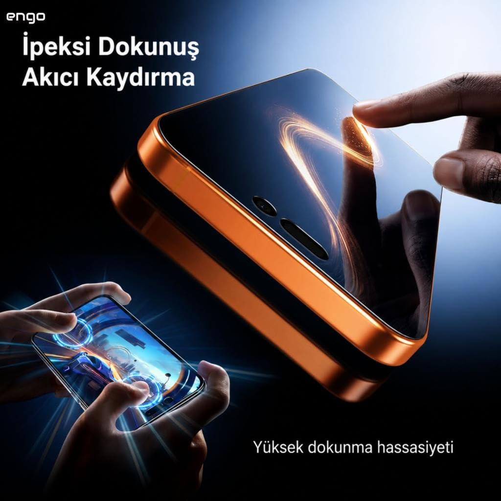 Işık efektli telefon ekranına dokunan el ve altında oyun oynanan başka bir akıllı telefon.