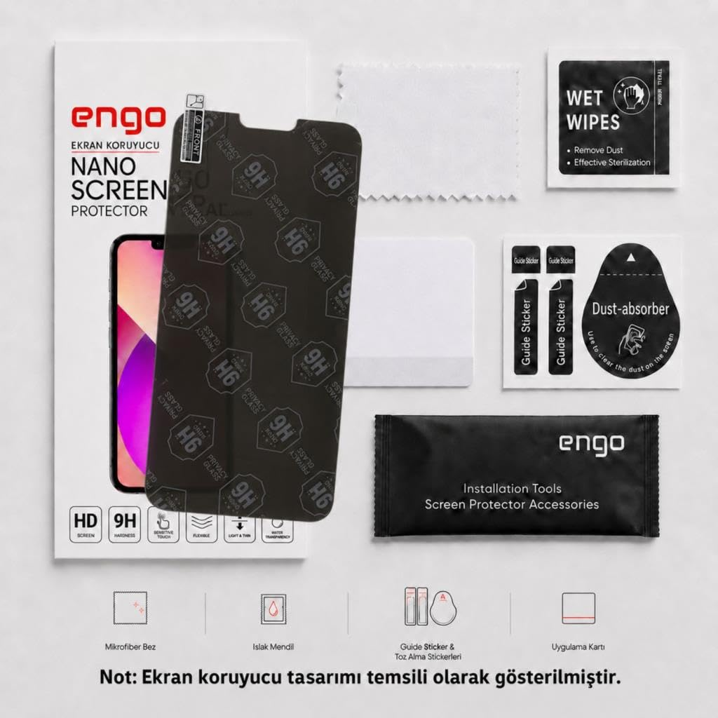 Islak mendil, toz alıcı ve kılavuz çıkartmaları içeren ekran koruyucu ambalajı.