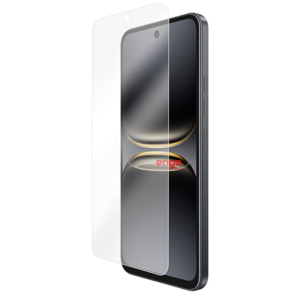 Önünde hafifçe konumlandırılmış şeffaf ekran koruyuculu bir akıllı telefon.