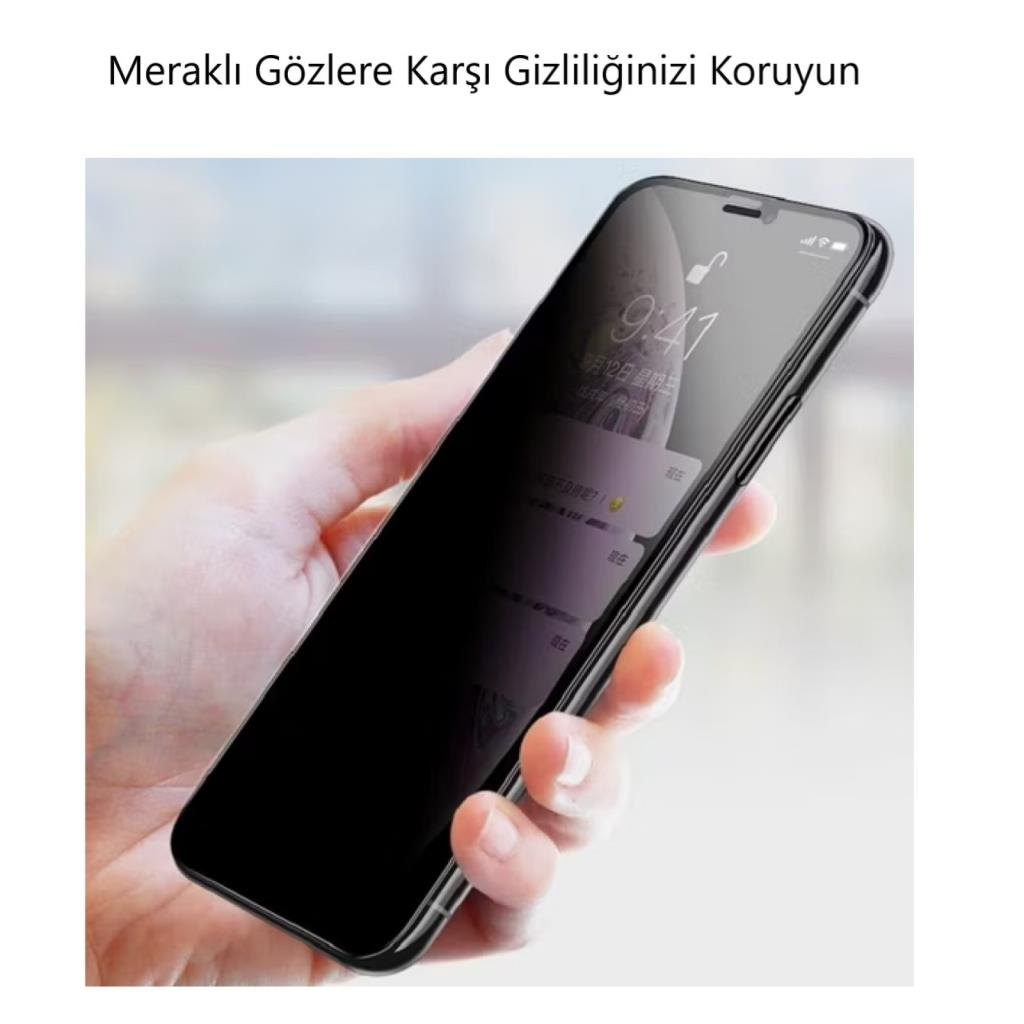 Elde tutulan ve gizlilik ekran koruyuculu akıllı telefon, ekran yandan karanlık görünüyor.