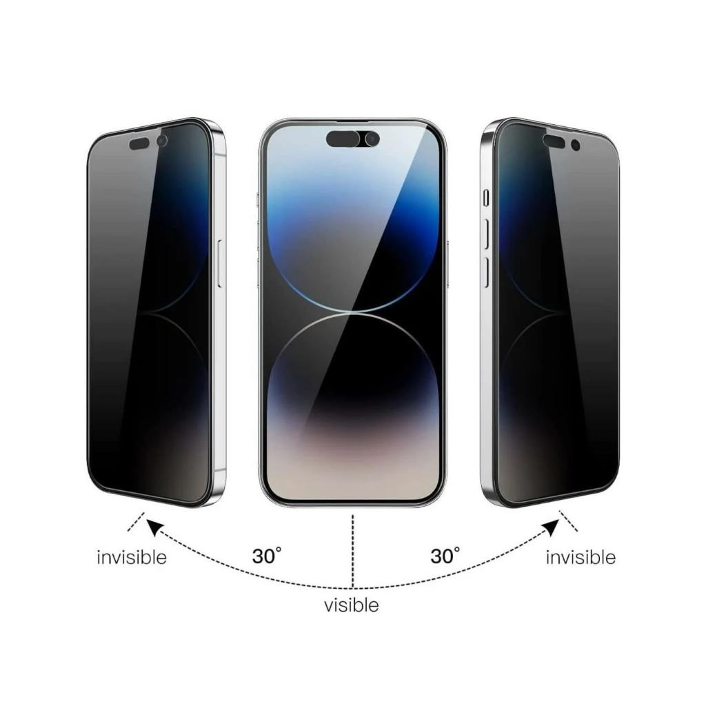Gizlilik ekran koruyuculu üç akıllı telefon, ekranı doğrudan ve yandan görünümlerle gösteriyor.