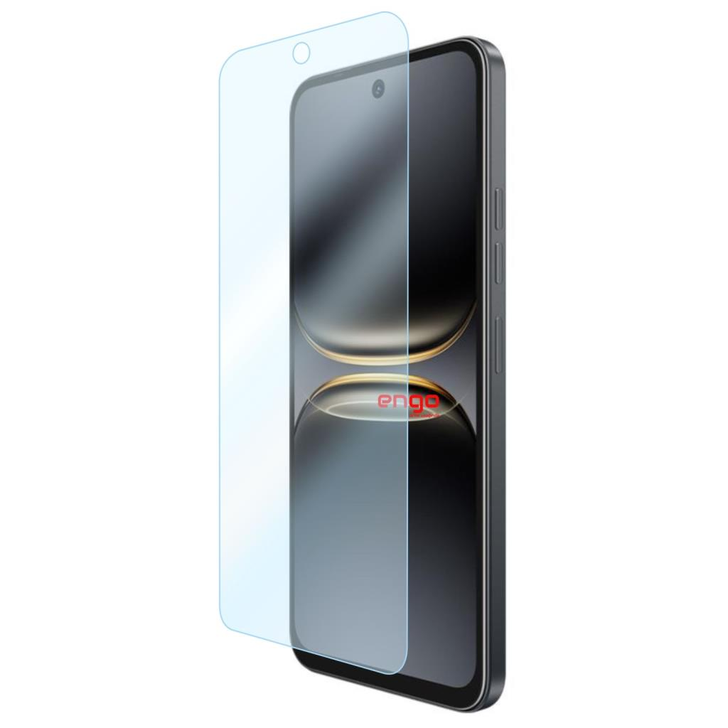 Önünde mavi bir koruyucu film olan akıllı telefon açılı bir şekilde duruyor.