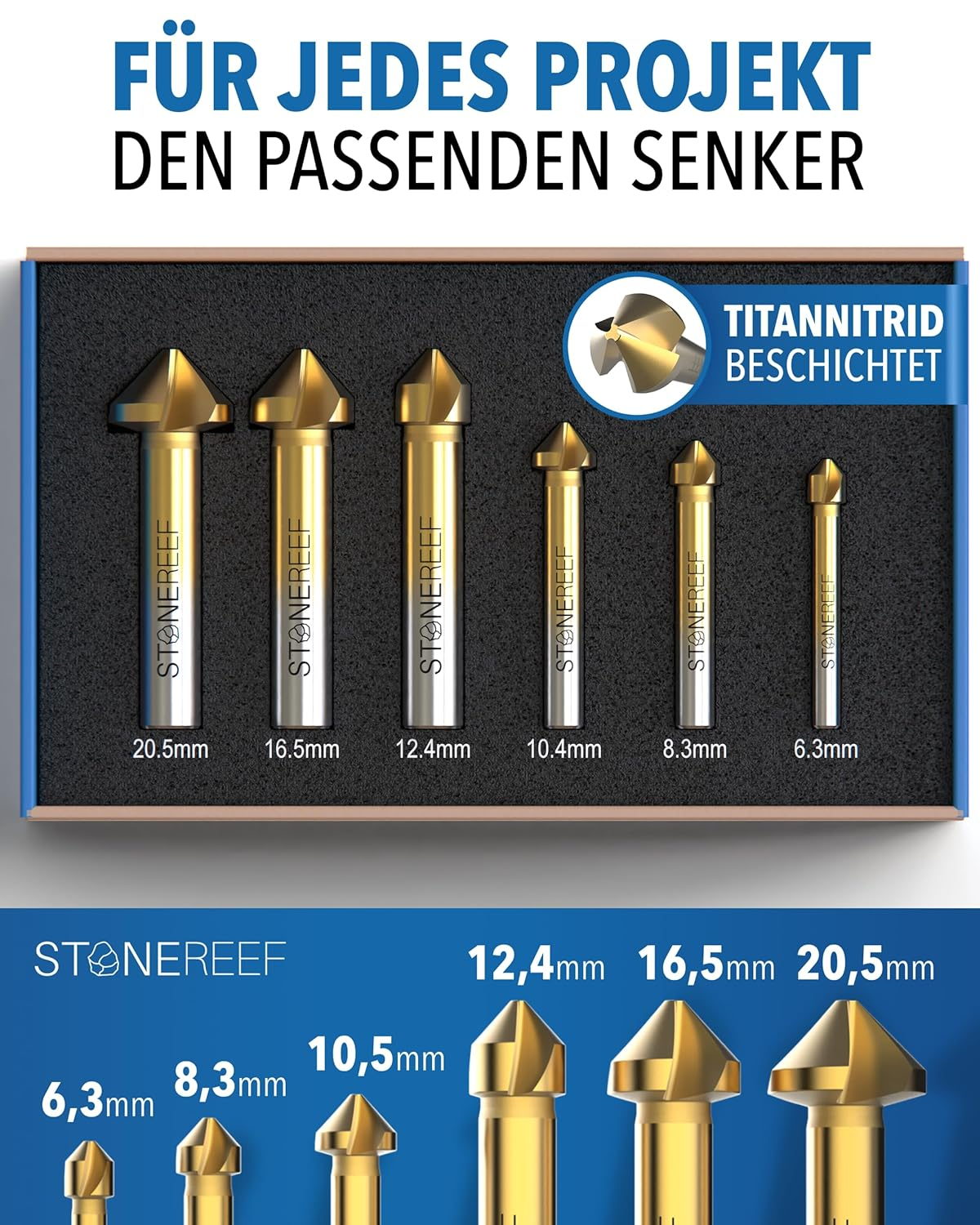 Ein Set aus sechs goldenen Titannitrid-beschichteten Kegelsenkern in verschiedenen Größen mit Text oben und unten.