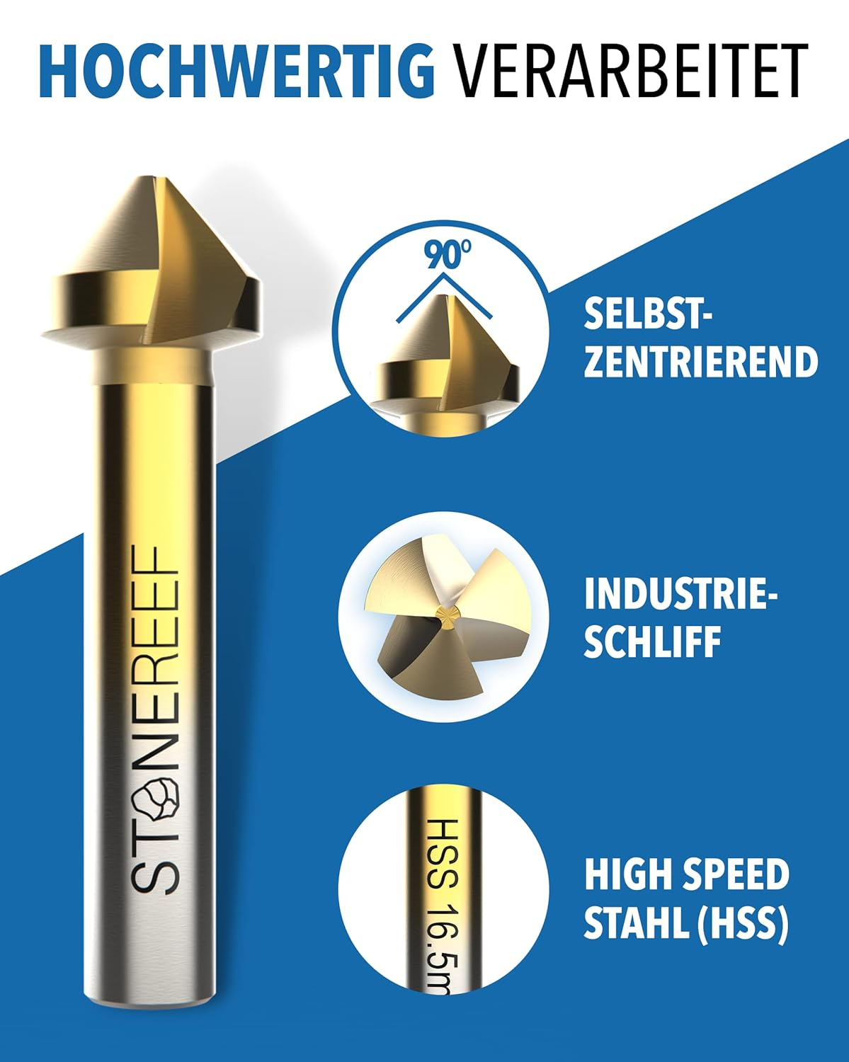 Goldfarbener Kegelsenker mit HSS-Stahl und deutscher Textwerbung.