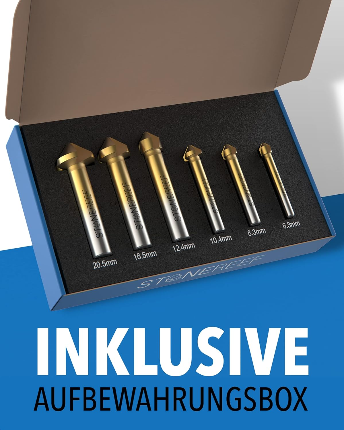Sechs goldene Kegelsenker mit verschiedenen Größen in einer blauen Aufbewahrungsbox mit Schaumstoff.