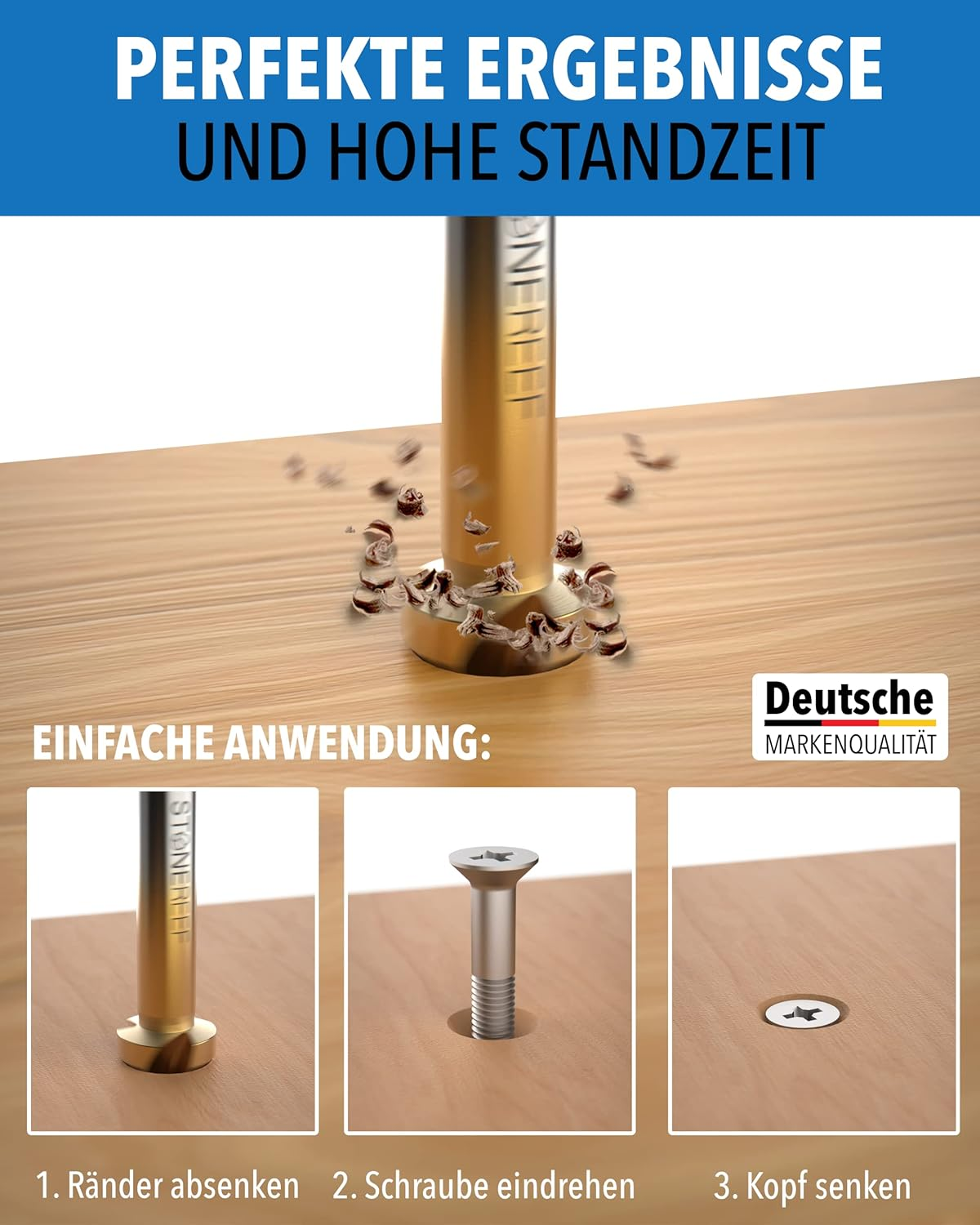 Holzbearbeitungswerkzeug schneidet in Holz, gefolgt von dreistufigen Anwendungsschritten mit Schraube.