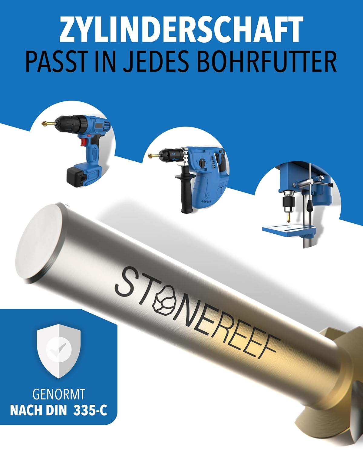 Stonersreef Bohrer mit Zylinderschaft für verschiedene Bohrmaschinen.