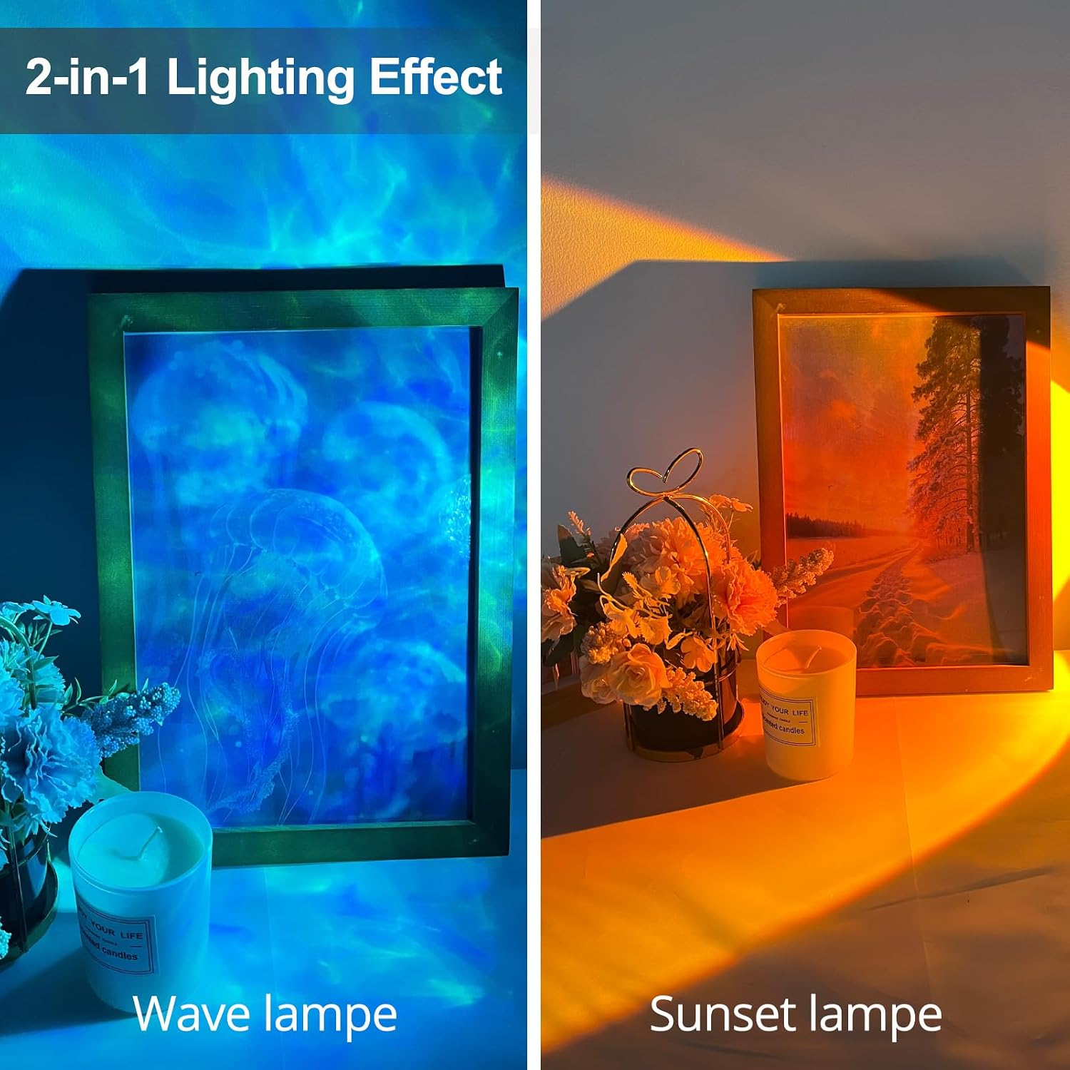 Vergleich zweier Lampeneffekte: Wellenlicht in Blau links und Sonnenuntergangslicht in Orange rechts.