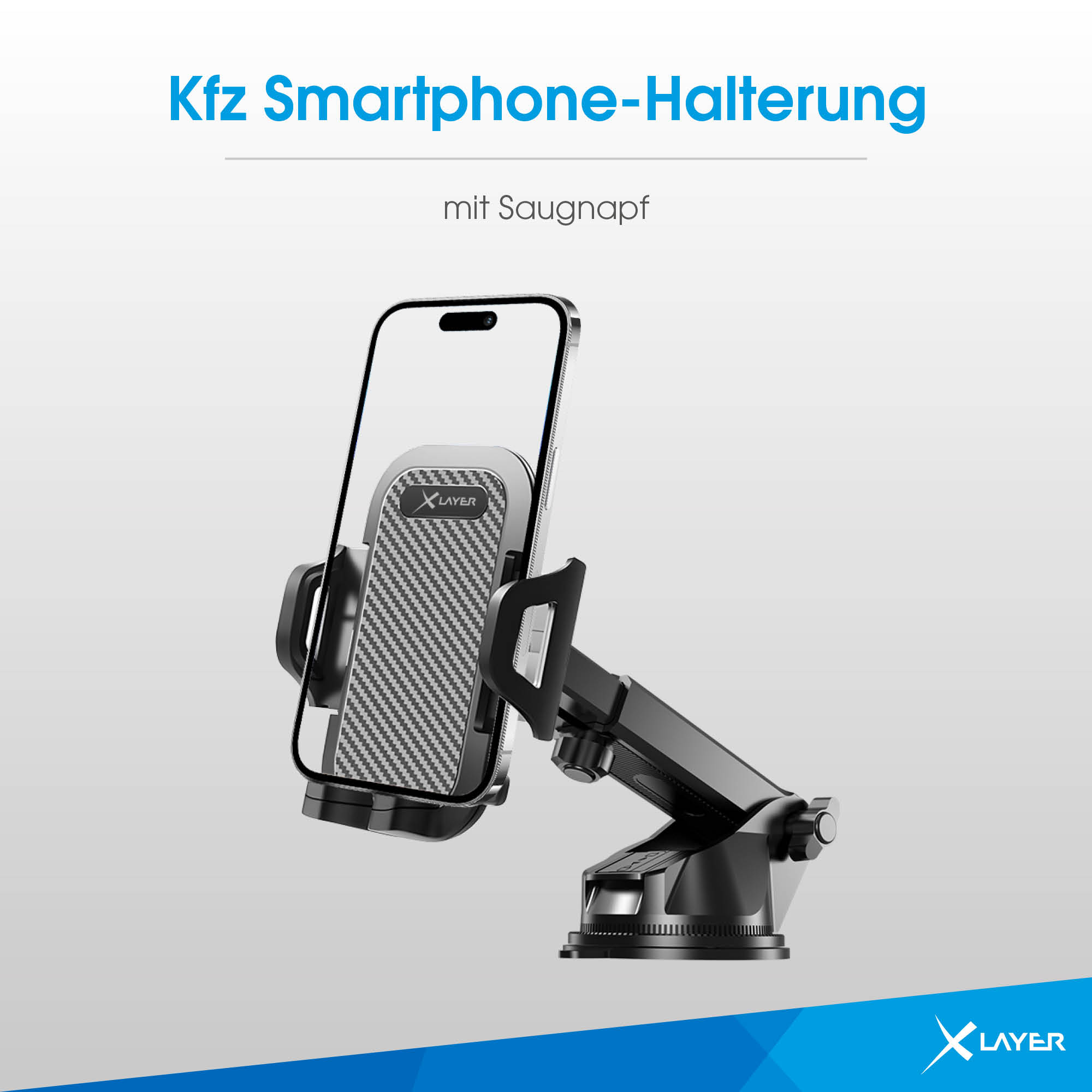 Schwarze Kfz-Smartphone-Halterung mit Saugnapf und eingespanntem Smartphone vor grauem Hintergrund.