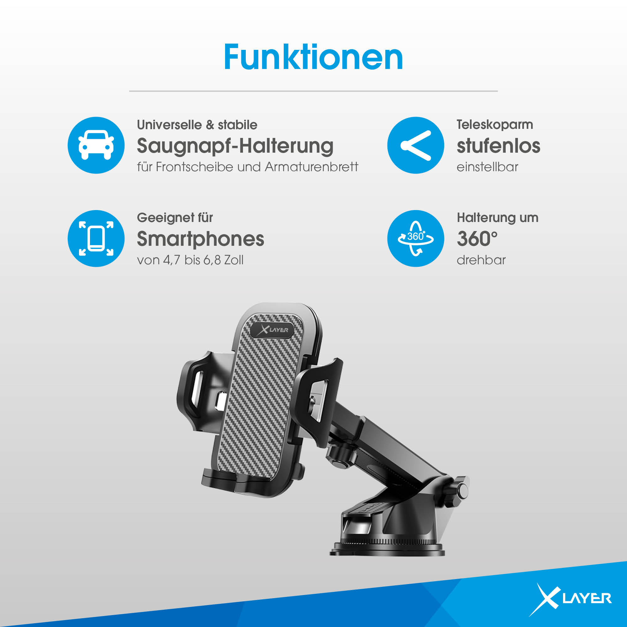 Infografik zeigt Funktionen einer schwarzen XLayer Autohalterung mit Saugnapf und Teleskoparm.