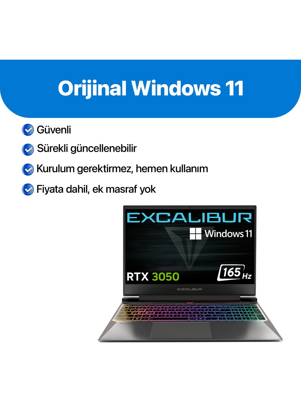 RTX 3050 ekran kartı, 165Hz ekran ve Windows 11 içeren Excalibur oyuncu laptopu.